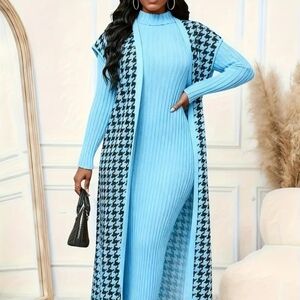 Elegant Sky Blue Houndstooth Knit Dress With Vest
